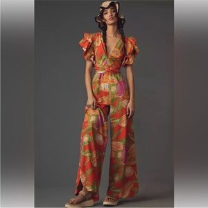 Farm Rio x Anthropologie Ruffle-Sleeve Deep-V Jumpsuit